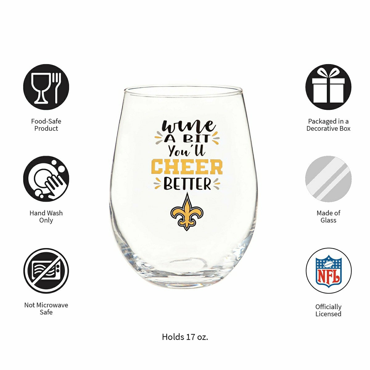 Team Sports America Recommended - New Orleans Saints, 17oz Boxed Stemless Wine