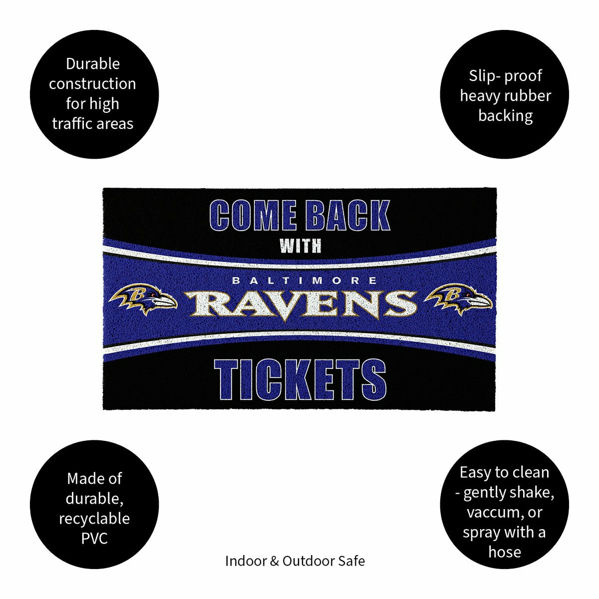 Team Sports America Essential - 28" x 16" PVC Trapper Mat, Come Back with Tickets, Baltimore Ravens