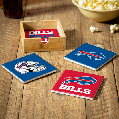 Team Sports America Classic - Buffalo Bills Ceramic Coasters Set, 4pcs with Wood Caddy