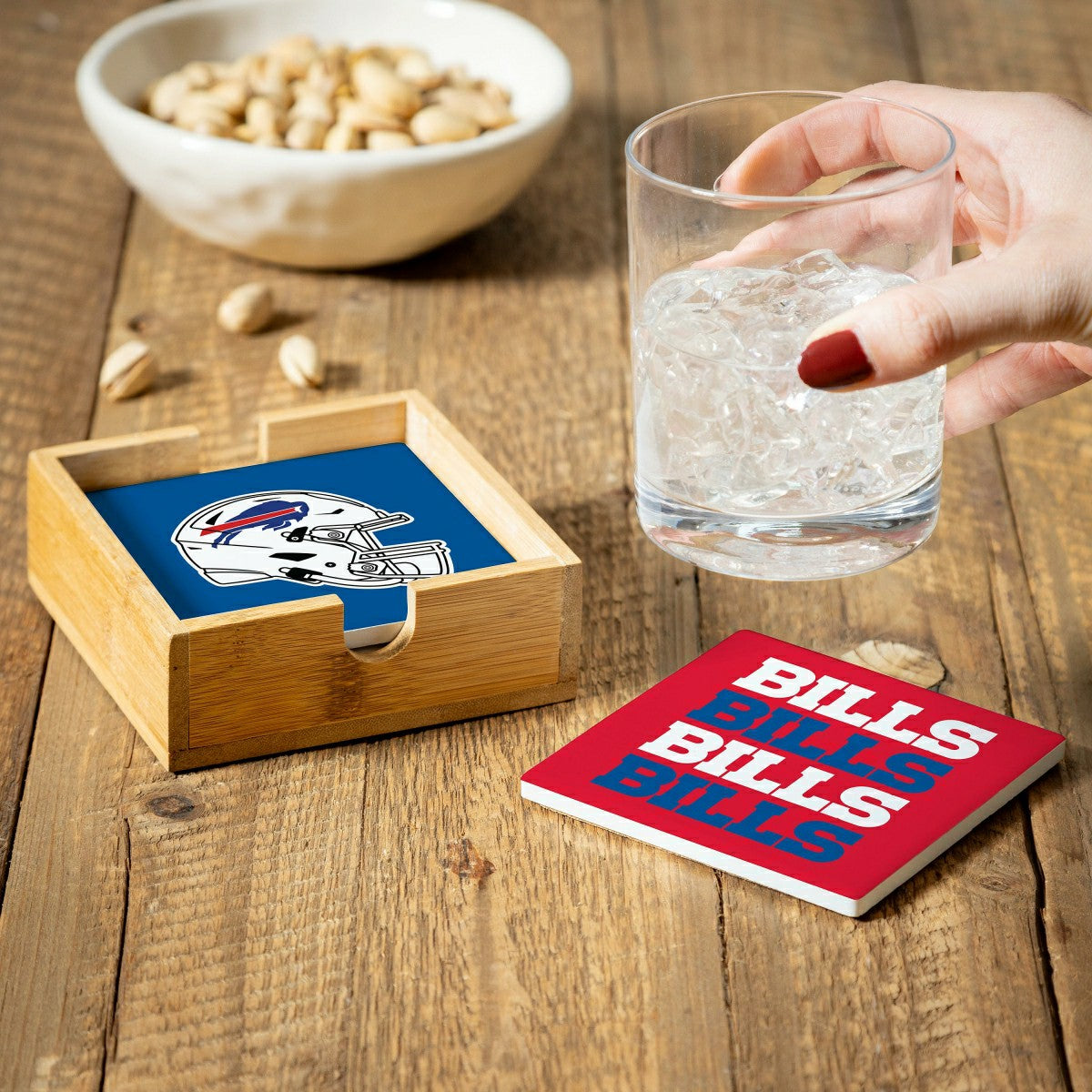 Team Sports America Classic - Buffalo Bills Ceramic Coasters Set, 4pcs with Wood Caddy