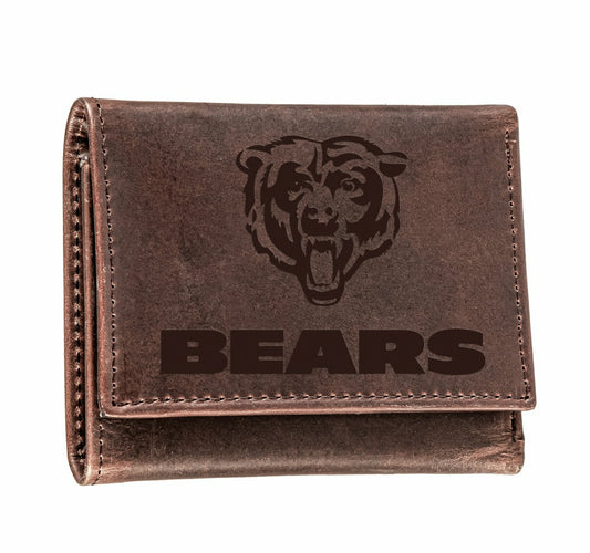 Team Sports America Recommended - Chicago Bears, Tri-Fold Wallet, Brown, CH, 100% Genuine Leather