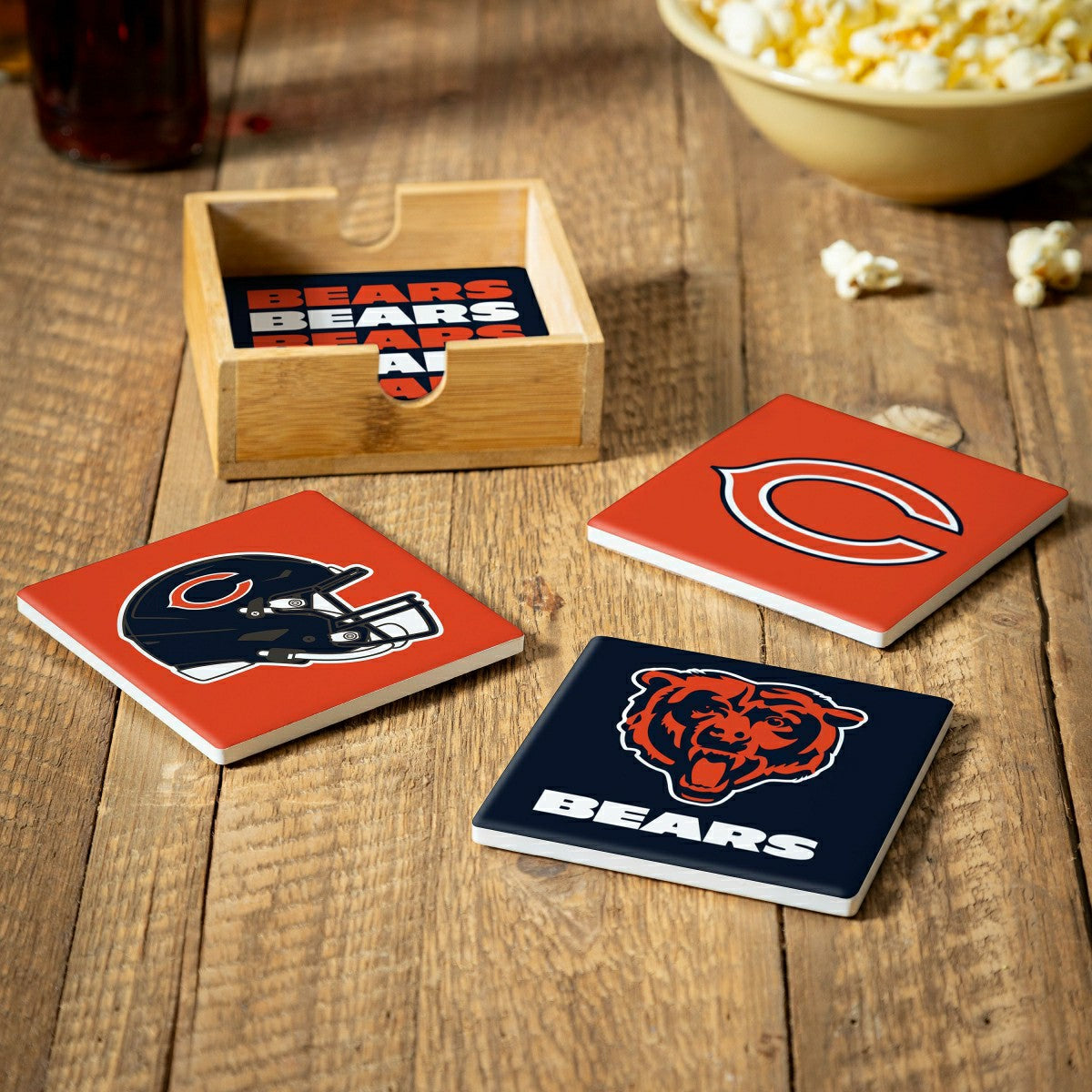 Team Sports America Recommended - Chicago Bears Ceramic Coasters Set, 4pcs with Wood Caddy