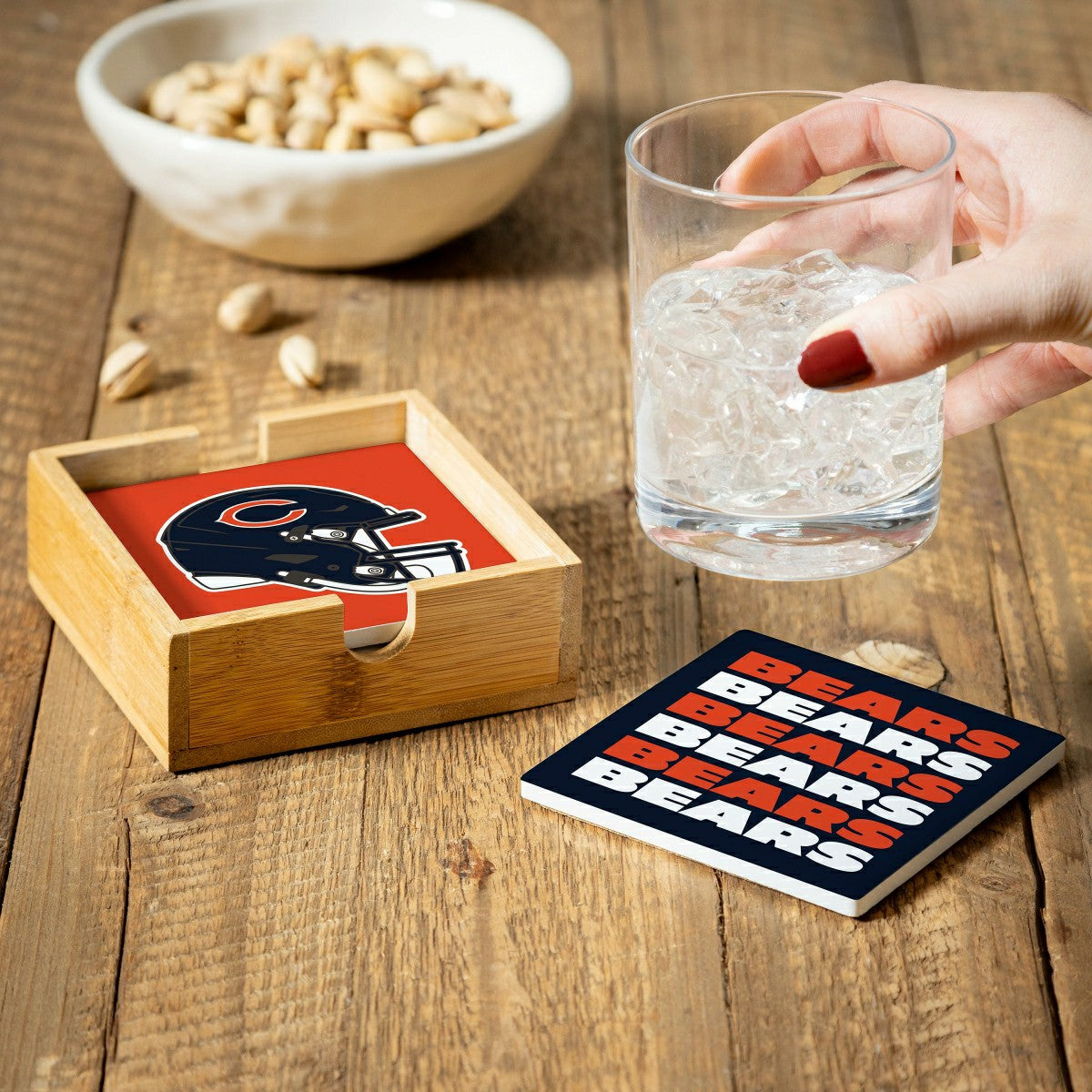 Team Sports America Recommended - Chicago Bears Ceramic Coasters Set, 4pcs with Wood Caddy