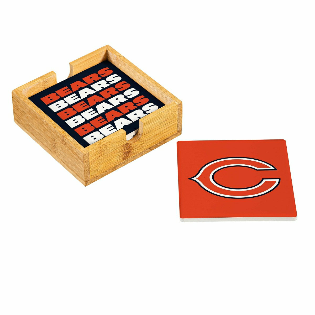 Team Sports America Recommended - Chicago Bears Ceramic Coasters Set, 4pcs with Wood Caddy