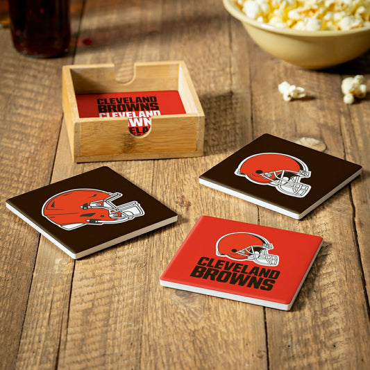 Team Sports America Classic - Cleveland Browns Ceramic Coasters Set, 4pcs with Wood Caddy