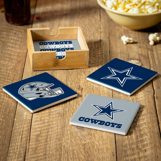 Team Sports America Essential - Dallas Cowboys Ceramic Coasters Set, 4pcs with Wood Caddy