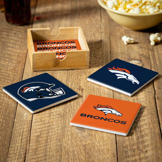 Team Sports America Recommended - Denver Broncos Ceramic Coasters Set, 4pcs with Wood Caddy