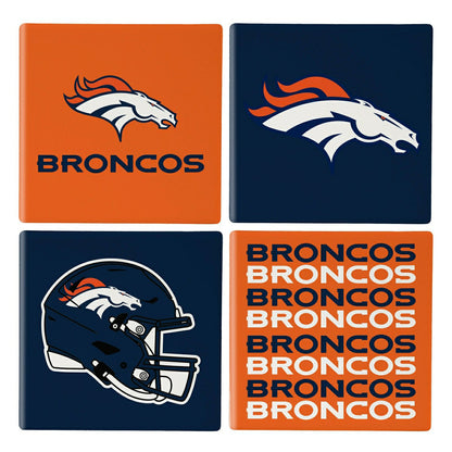 Team Sports America Recommended - Denver Broncos Ceramic Coasters Set, 4pcs with Wood Caddy