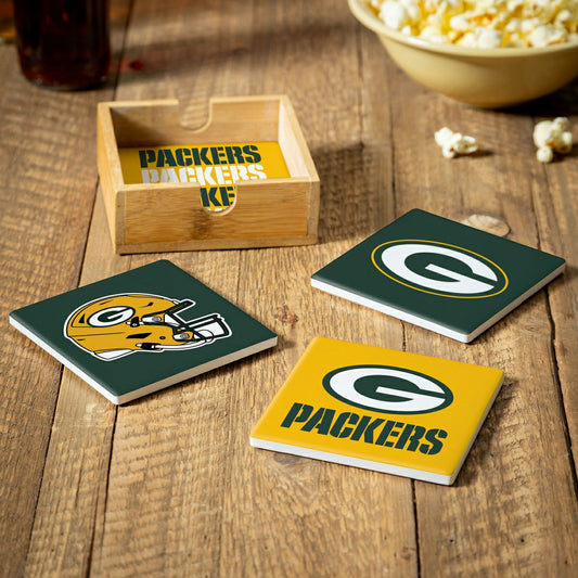 Team Sports America Classic - Green Bay Packers Ceramic Coasters Set, 4pcs with Wood Caddy