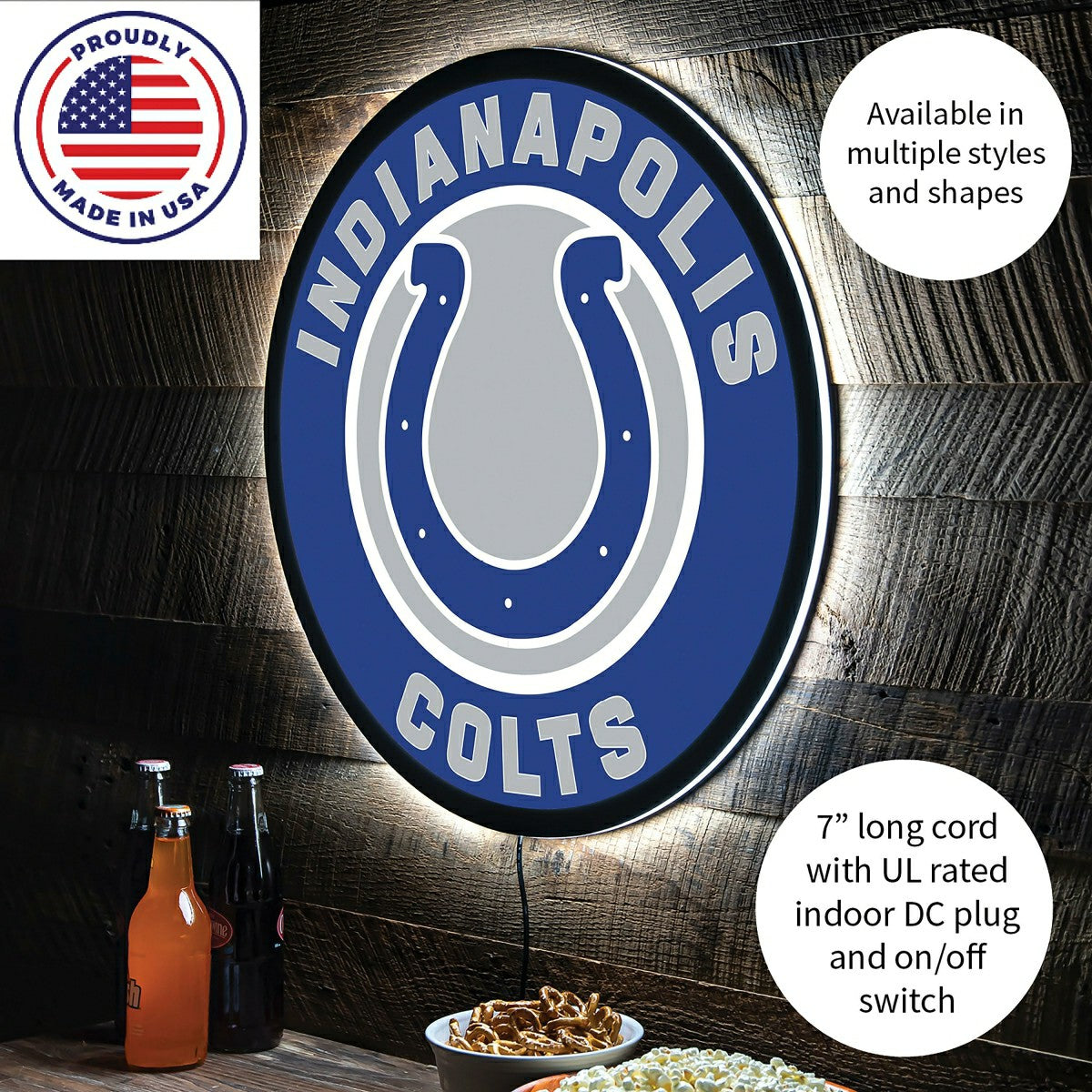 Team Sports America Essential - LED Wall Decor, Round, Indianapolis Colts