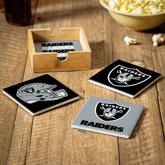 Team Sports America Value - Las Vegas Raiders Ceramic Coasters Set, 4pcs with Wood Caddy