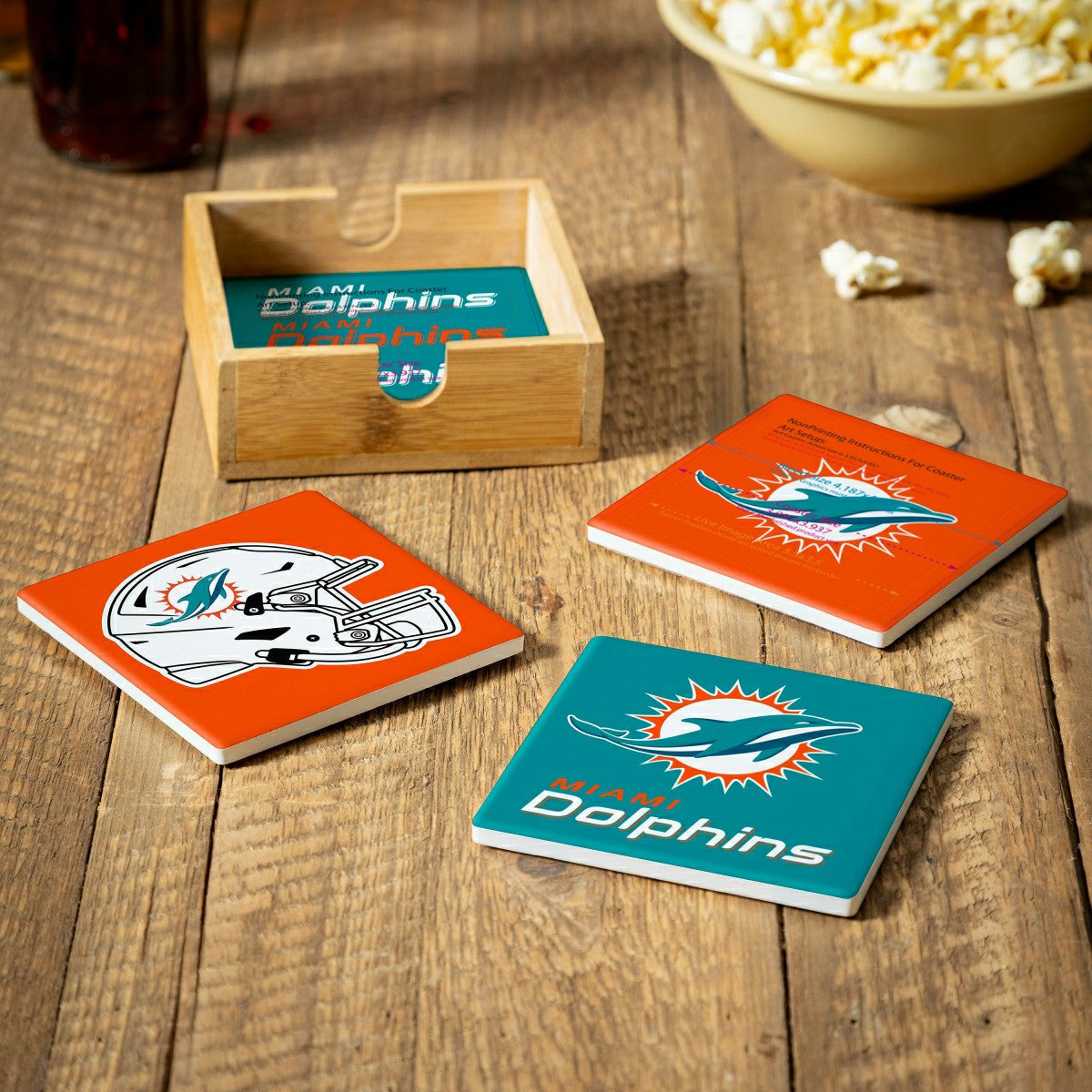 Team Sports America Classic - Miami Dolphins Ceramic Coasters Set, 4pcs with Wood Caddy