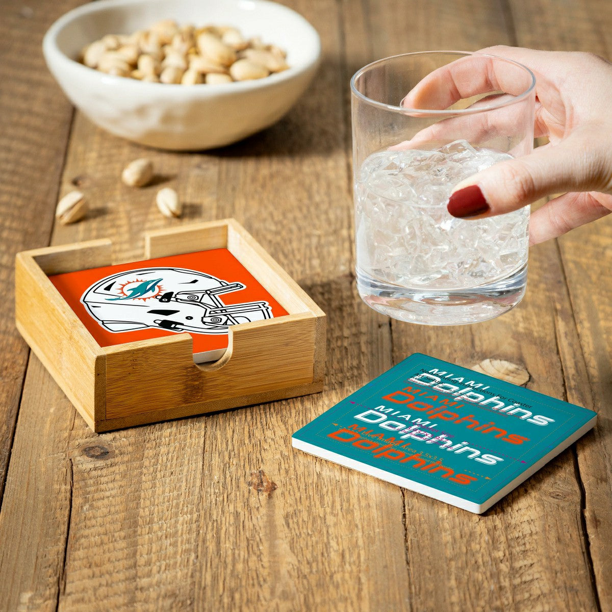 Team Sports America Classic - Miami Dolphins Ceramic Coasters Set, 4pcs with Wood Caddy