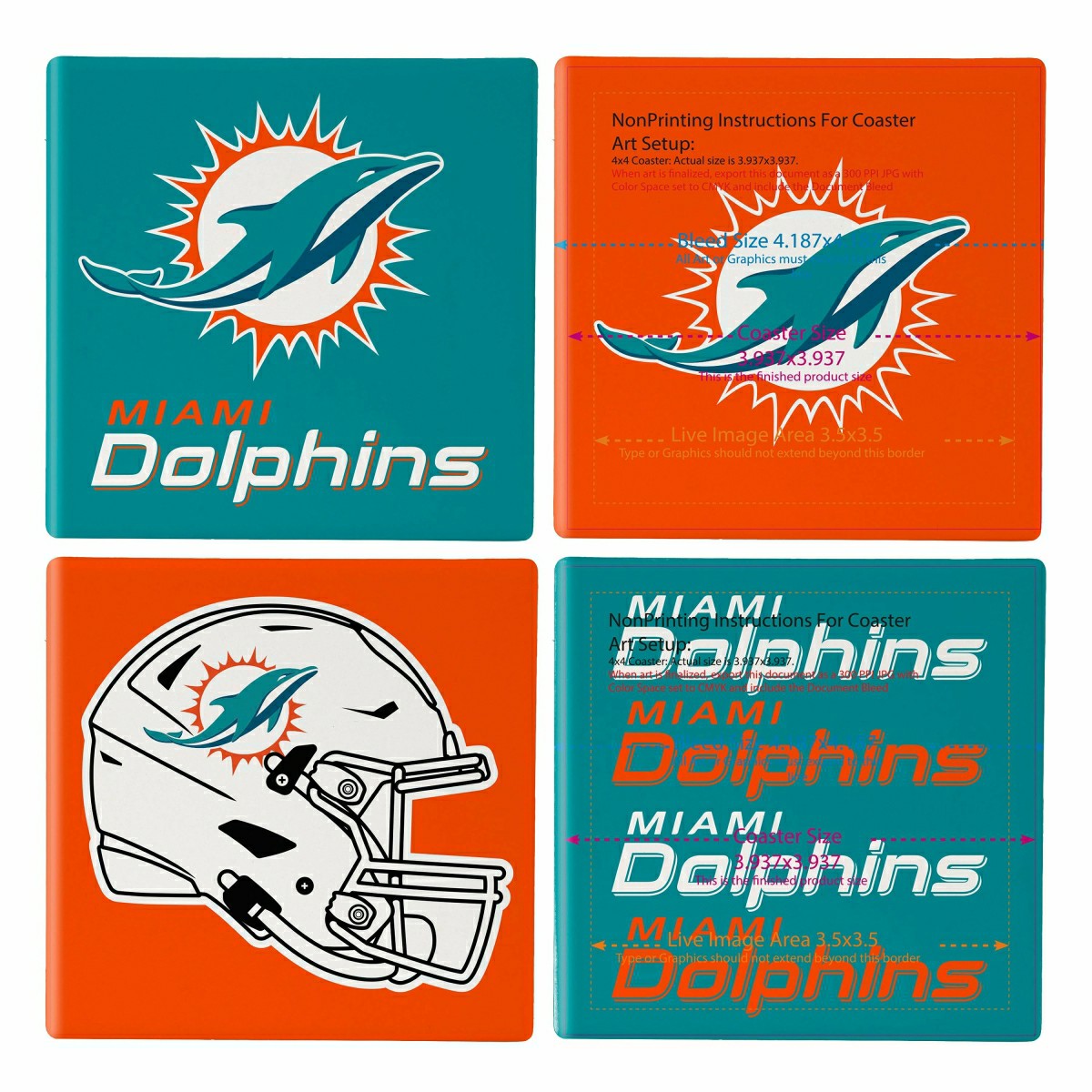 Team Sports America Classic - Miami Dolphins Ceramic Coasters Set, 4pcs with Wood Caddy