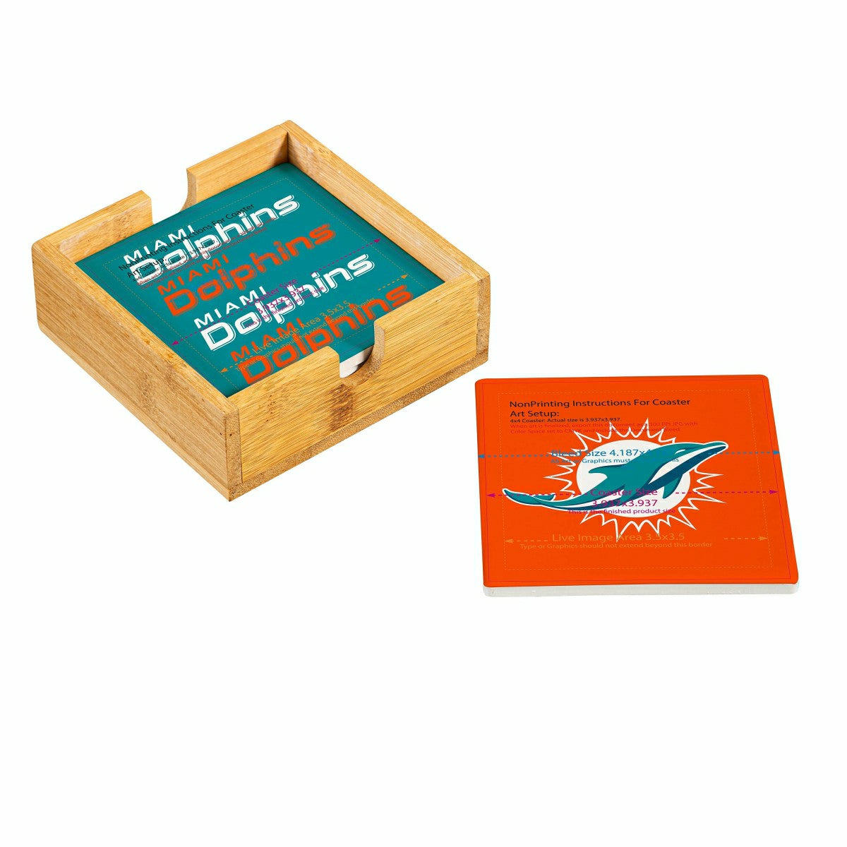 Team Sports America Classic - Miami Dolphins Ceramic Coasters Set, 4pcs with Wood Caddy