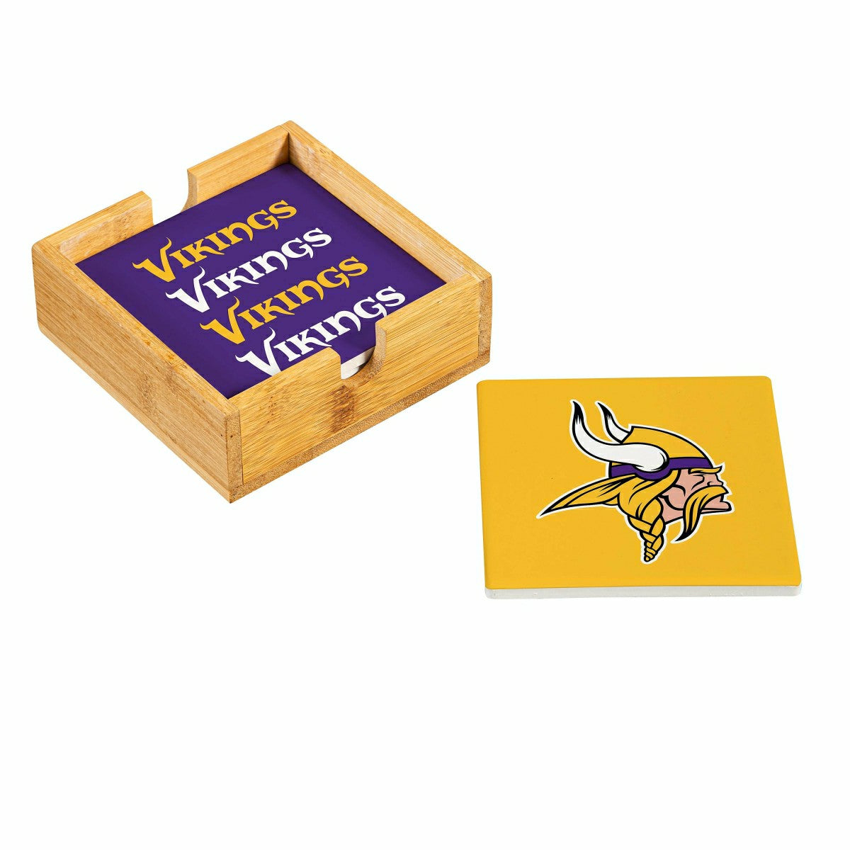 Team Sports America Classic - Minnesota Vikings Ceramic Coasters Set, 4pcs with Wood Caddy
