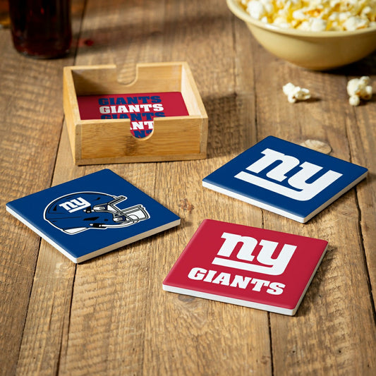 Team Sports America Exclusive - New York Giants Ceramic Coasters Set, 4pcs with Wood Caddy