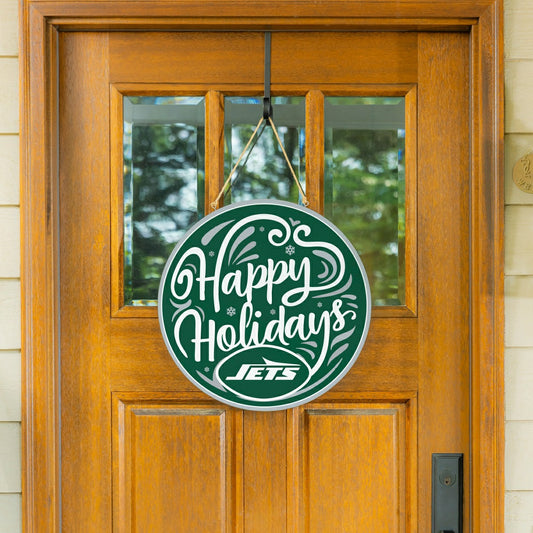Team Sports America Essential - New York Jets Holiday Round Door Décor with Hanging Rope, 18x18