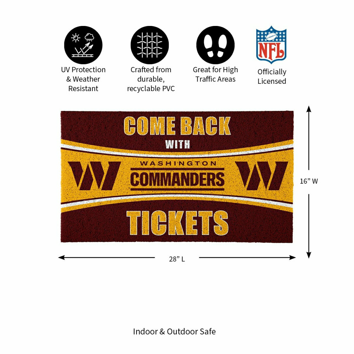 Team Sports America Essential - 28" x 16" PVC Trapper Mat, Come Back with Tickets, Washington Commande