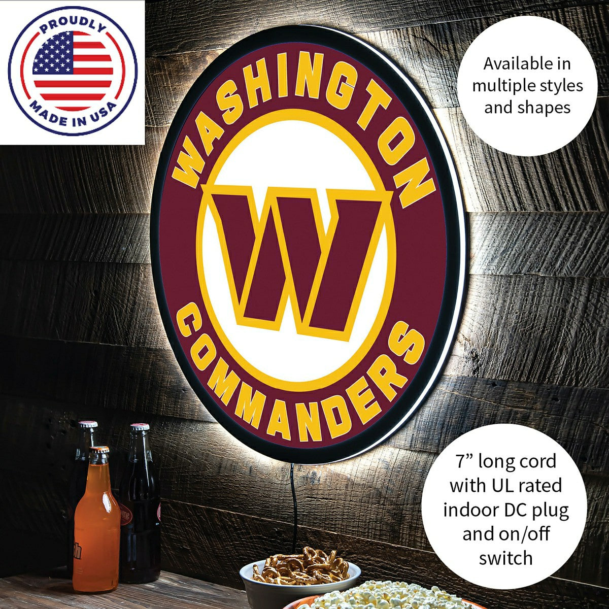 Team Sports America Value - LED Wall Decor, Round, Washington Commanders