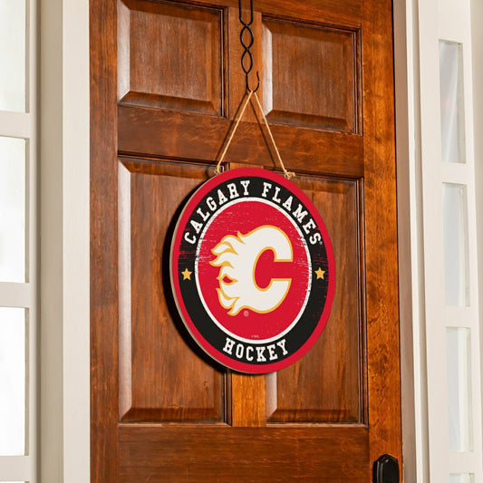 Team Sports America Best Seller - Calgary Flames Round Door Décor with Hanging Rope, 18x18