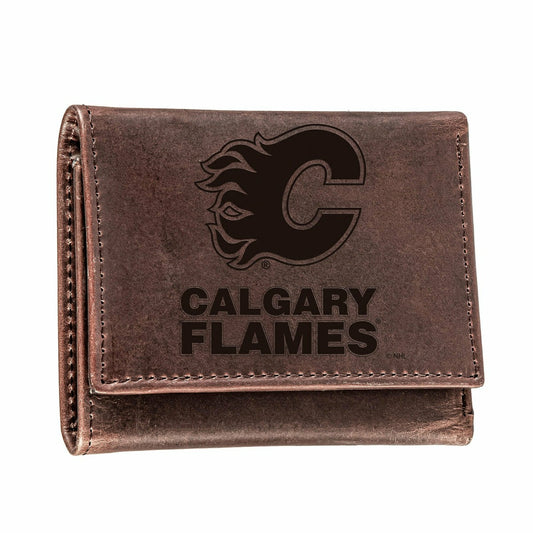 Team Sports America Recommended - Calgary Flames, Tri-Fold Wallet, Brown, CH, 100% Genuine Leather