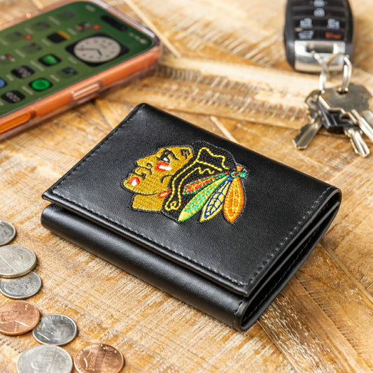 Team Sports America Best Seller - Chicago Blackhawks Black Tri-Fold Embroidered Wallet w/ RFID Blocking