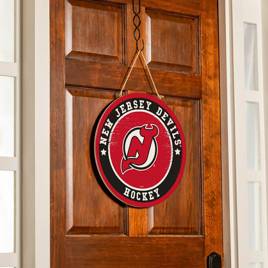 Team Sports America Essential - New Jersey Devils Round Door Décor with Hanging Rope, 18x18