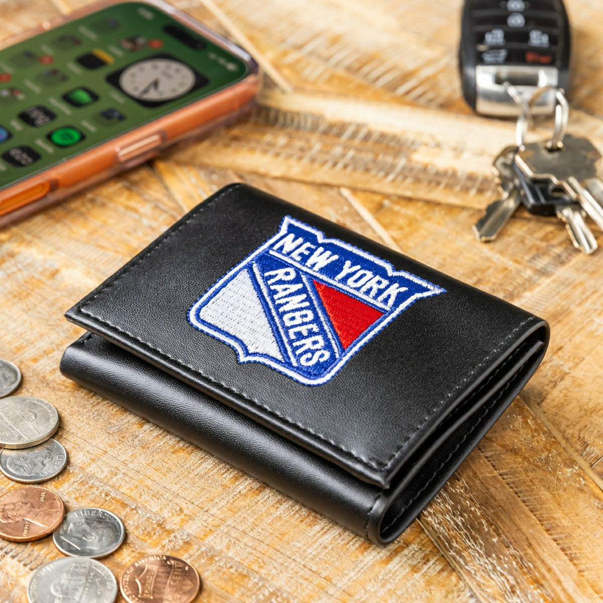 Team Sports America Trending - New York Rangers Black Tri-Fold Embroidered Wallet w/ RFID Blocking