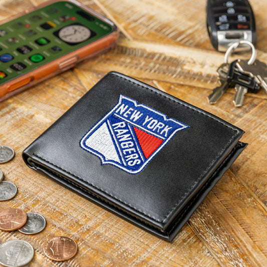 Team Sports America Best Seller - New York Rangers Black Bi-Fold Embroidered Wallet w/ RFID Blocking