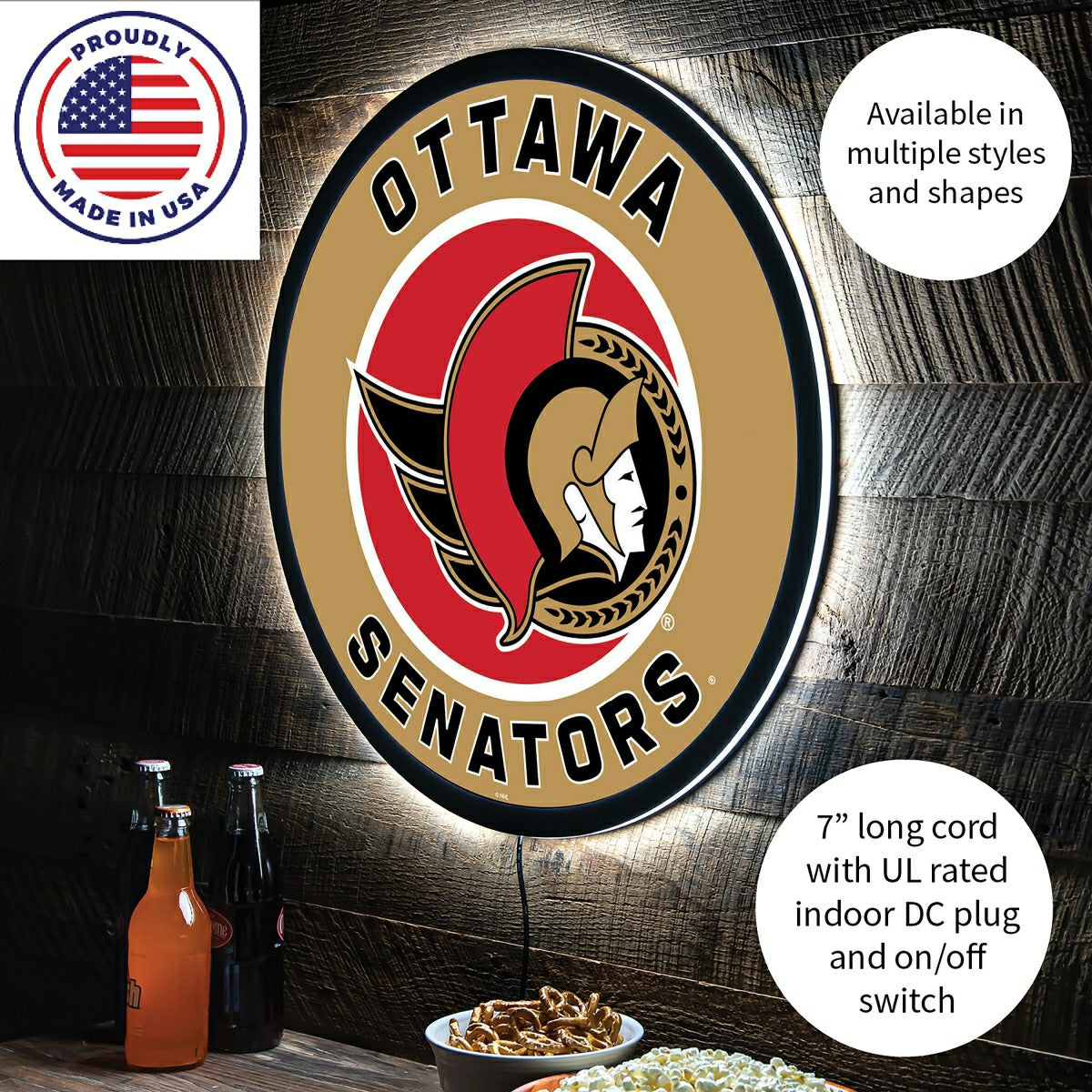 Team Sports America Essential - LED Wall Decor, Round, Ottawa Senators