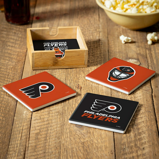 Team Sports America Signature - Philadelphia Flyers Ceramic Coasters Set, 4pcs with Wood Caddy