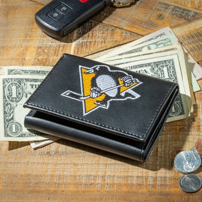 Team Sports America Exclusive - Pittsburgh Penguins Black Tri-Fold Embroidered Wallet w/ RFID Blocking