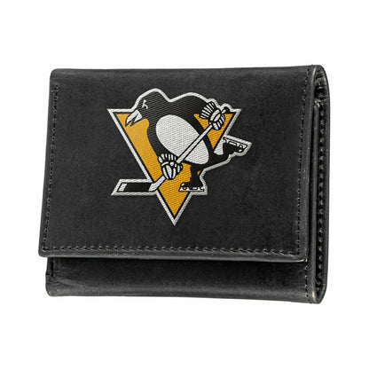 Team Sports America Exclusive - Pittsburgh Penguins Black Tri-Fold Embroidered Wallet w/ RFID Blocking