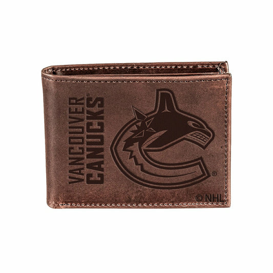 Team Sports America Exclusive - Vancouver Canucks, Bi-Fold Wallet, Brown, CH, 100% Genuine Leather