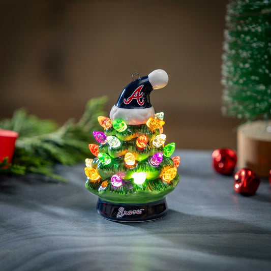 Team Sports America Essential - Atlanta Braves 4" Mini LED Tabletop Christmas Tree, Set of 2