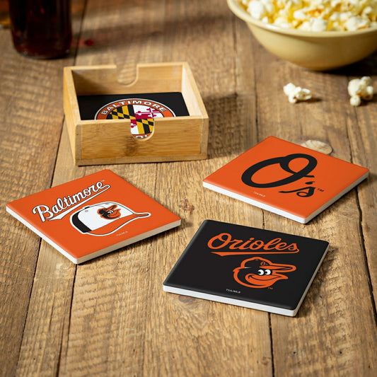 Team Sports America Exclusive - Baltimore Orioles Ceramic Coasters Set, 4pcs with Wood Caddy