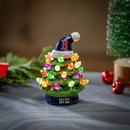 Team Sports America Classic - Boston Red Sox 4" Mini LED Tabletop Christmas Tree, Set of 2