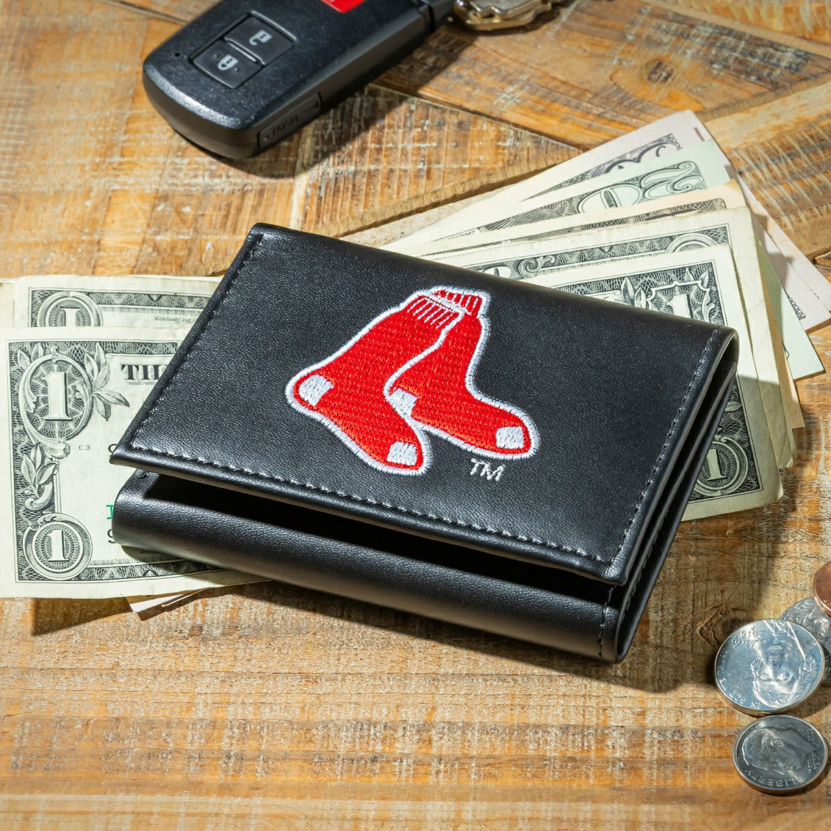 Team Sports America Trending - Boston Red Sox Black Tri-Fold Embroidered Wallet w/ RFID Blocking