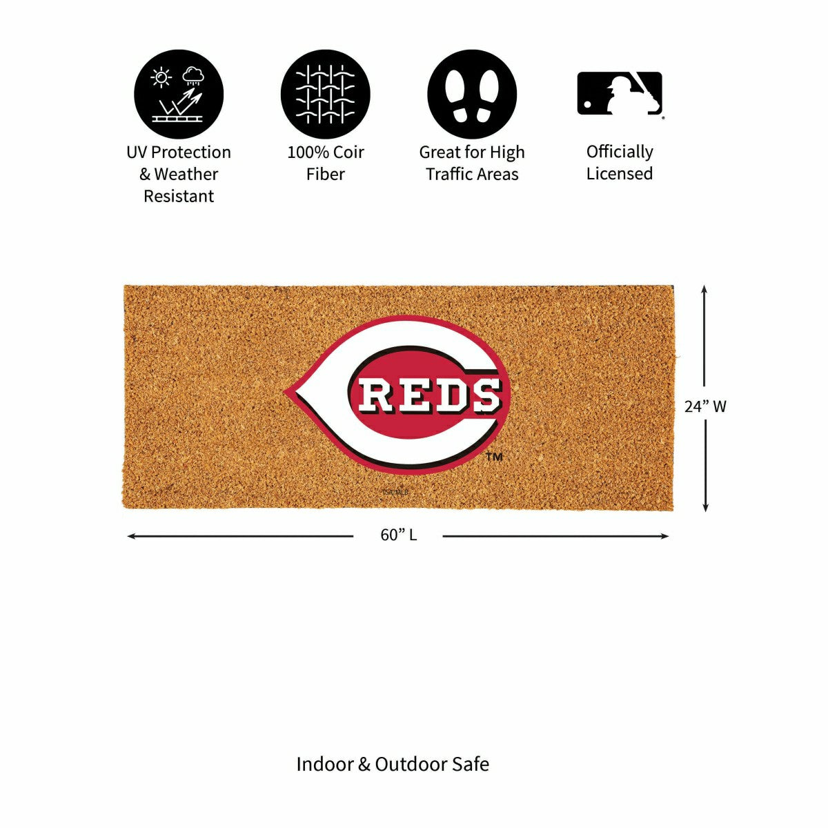 Team Sports America Essential - Cincinnati Reds Extra Large Full Color Coir Mat, 60"x24"