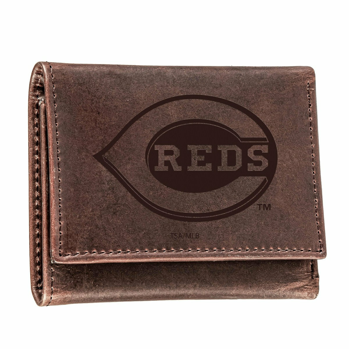 Team Sports America Exclusive - Cincinnati Reds Tri-Fold Wallet Brown 100% Genuine Leather