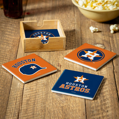 Team Sports America Exclusive - Houston Astros Ceramic Coasters Set, 4pcs with Wood Caddy