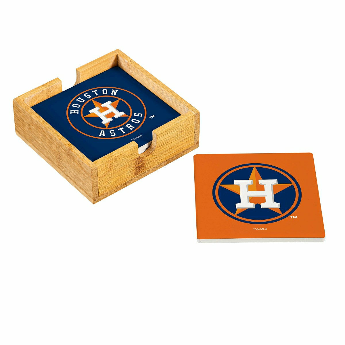 Team Sports America Exclusive - Houston Astros Ceramic Coasters Set, 4pcs with Wood Caddy