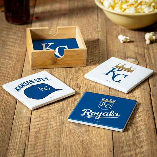 Team Sports America Signature - Kansas City Royals Ceramic Coasters Set, 4pcs with Wood Caddy