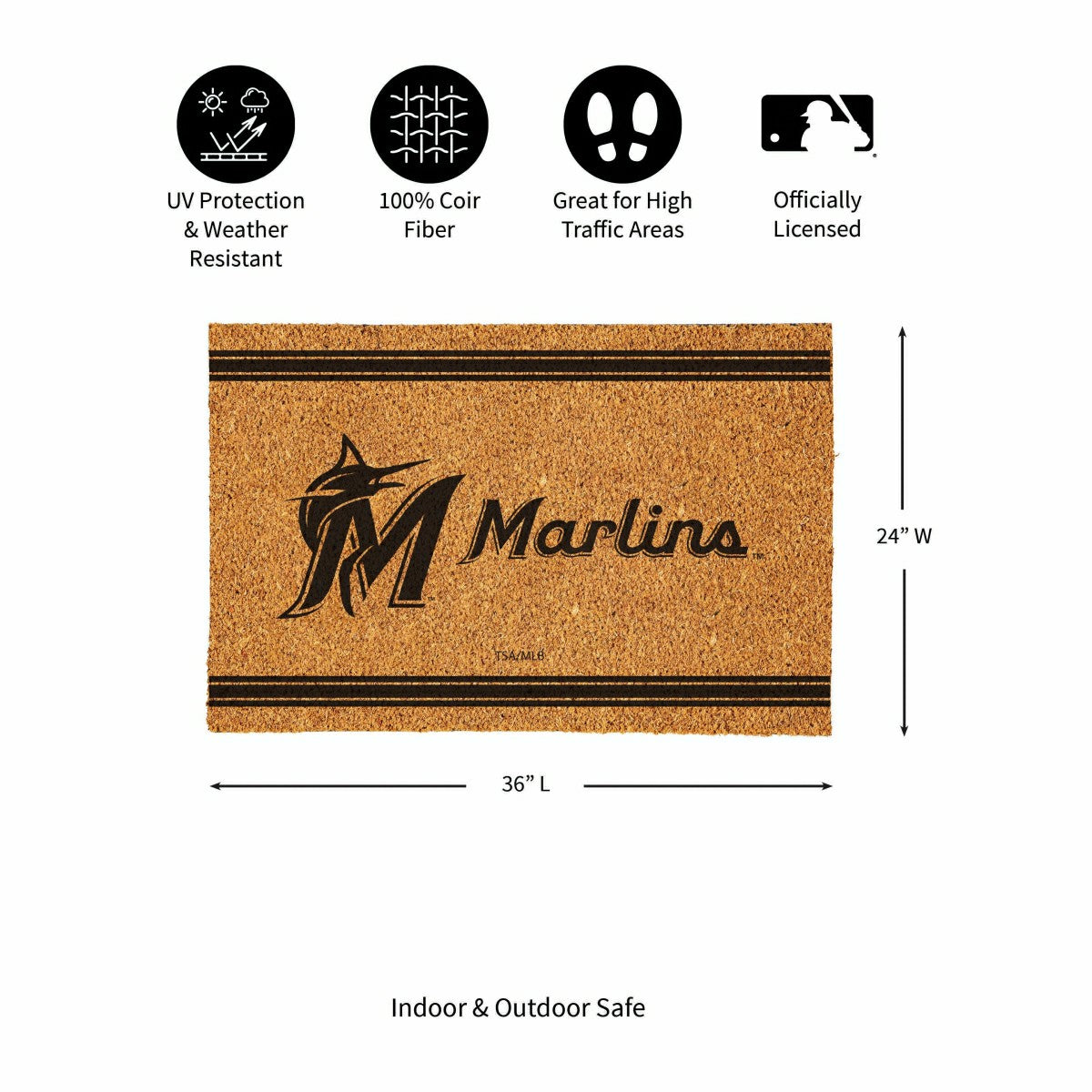 Team Sports America Value - Miami Marlins Large One Color Coir Mat, 36"x24"