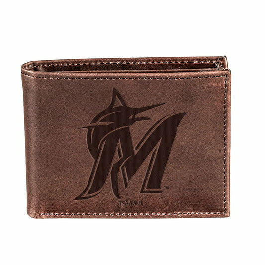 Team Sports America Classic - Miami Marlins Bi-Fold Wallet Brown 100% Genuine Leather