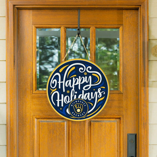 Team Sports America Exclusive - Milwaukee Brewers Holiday Round Door Décor with Hanging Rope, 18x18