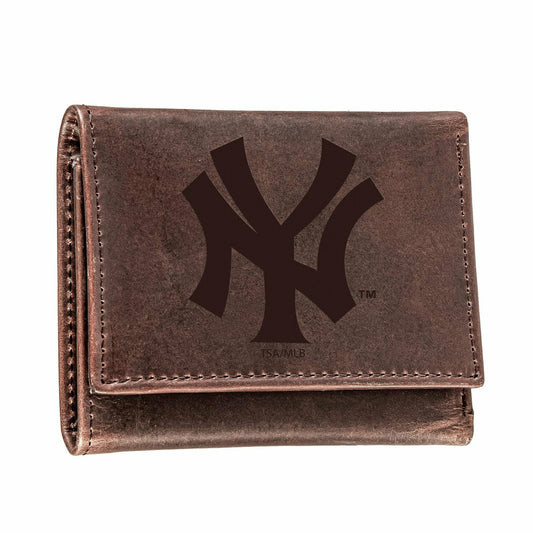 Team Sports America Essential - New York Yankees Tri-Fold Wallet Brown 100% Genuine Leather