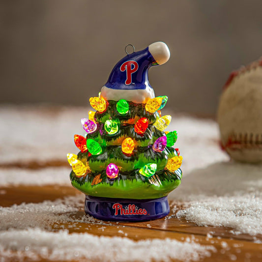 Team Sports America Recommended - Philadelphia Phillies 4" Mini LED Tabletop Christmas Tree, Set of 2