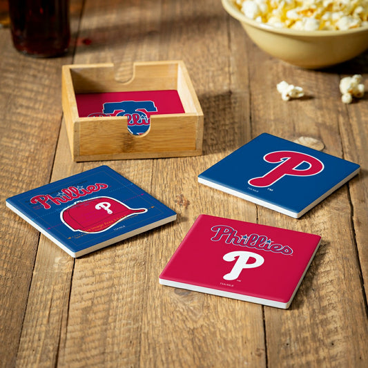 Team Sports America Value - Philadelphia Phillies Ceramic Coasters Set, 4pcs with Wood Caddy